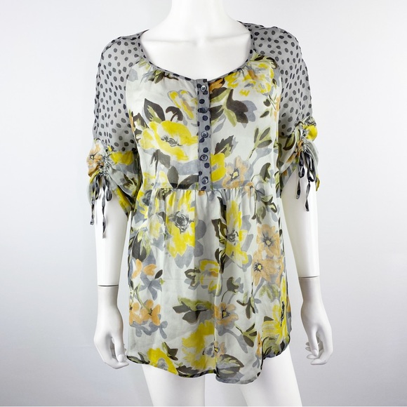 Anthropologie Tops - Anthropologie Edme & Esyllte Gray & Yellow Floral Silk Blouse Top Size 4